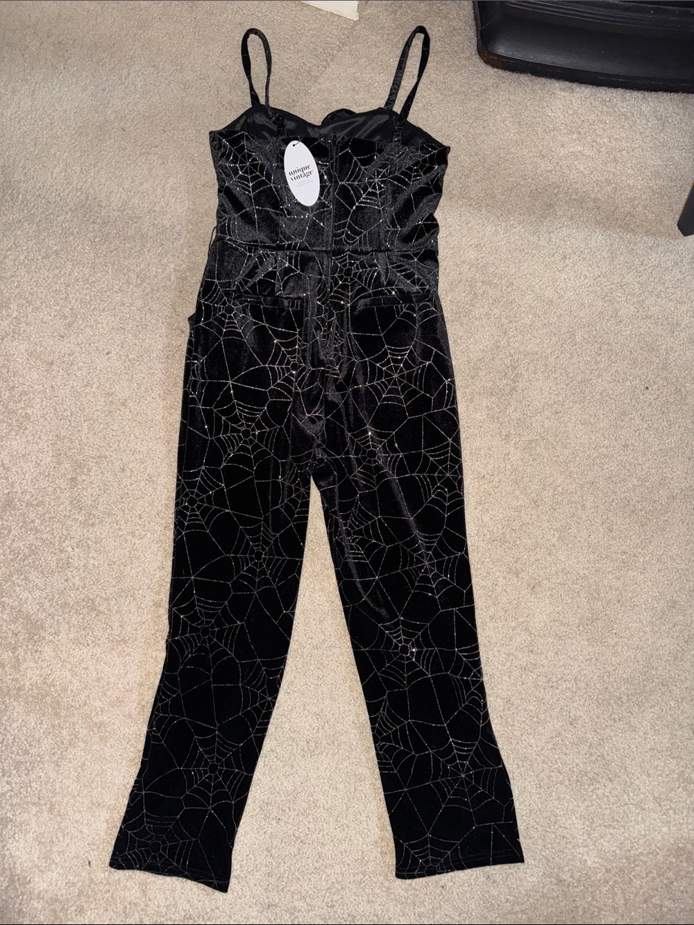 BNWT-Unique Vintage Black Velvet Spiderweb Jumpsuit with Silver Sparkle - Picture 3 of 3